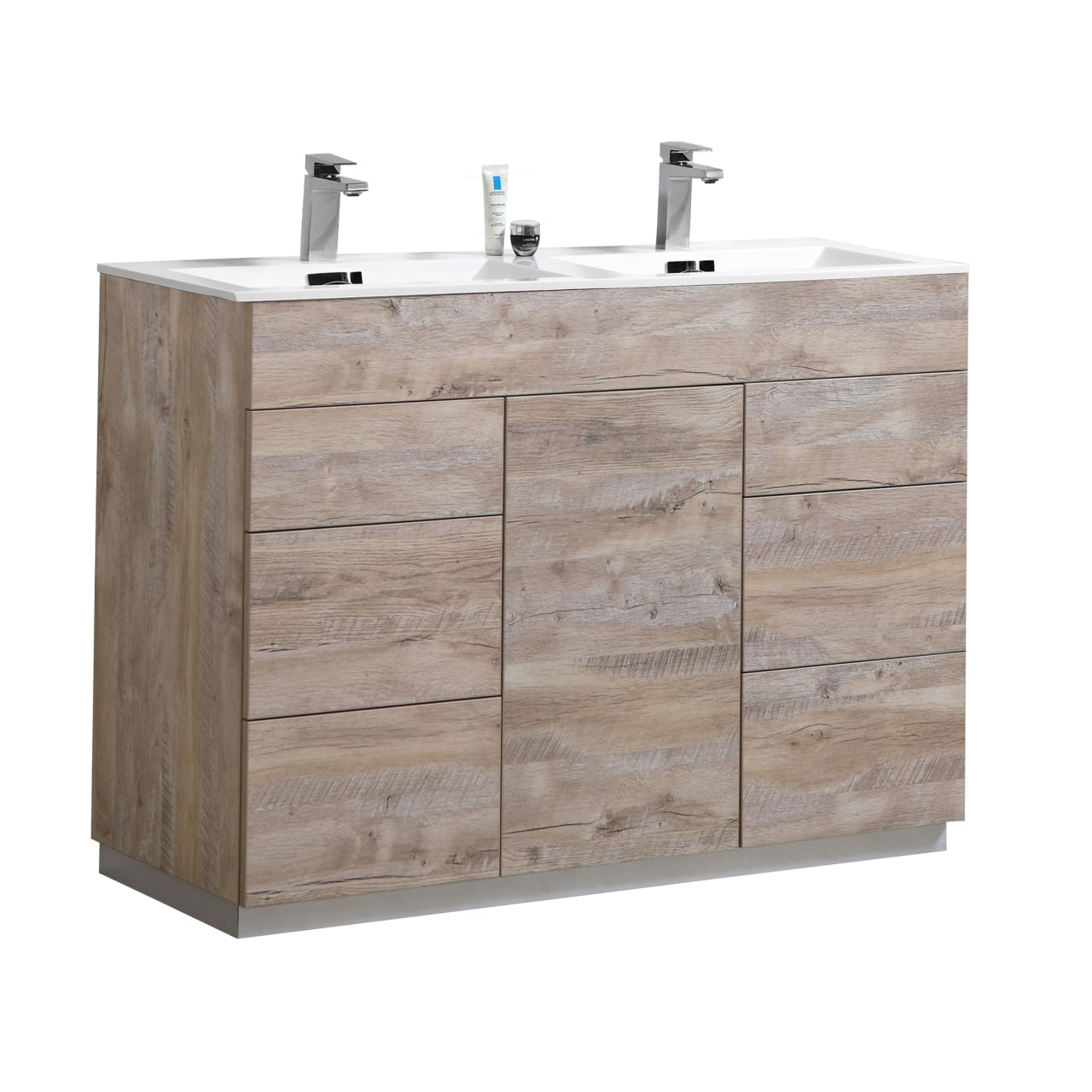 KUBEBATH Milano KFM48D-NW 48" Double Bathroom Vanity in Nature Wood with White Acrylic Composite, Integrated Sinks, Angled View