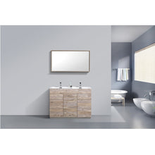 Load image into Gallery viewer, KUBEBATH Milano KFM48D-NW 48&quot; Double Bathroom Vanity in Nature Wood with White Acrylic Composite, Integrated Sinks, Rendered Front View