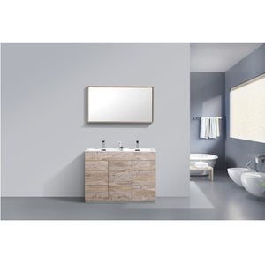 KUBEBATH Milano KFM48D-NW 48" Double Bathroom Vanity in Nature Wood with White Acrylic Composite, Integrated Sinks, Rendered Front View