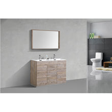 Load image into Gallery viewer, KUBEBATH Milano KFM48D-NW 48&quot; Double Bathroom Vanity in Nature Wood with White Acrylic Composite, Integrated Sinks, Rendered Angled View