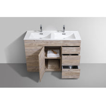 Load image into Gallery viewer, KUBEBATH Milano KFM48D-NW 48&quot; Double Bathroom Vanity in Nature Wood with White Acrylic Composite, Integrated Sinks, Open Door and Drawers