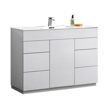 Load image into Gallery viewer, KUBEBATH Milano KFM48S-GW 48&quot; Single Bathroom Vanity in High Gloss White with White Acrylic Composite, Integrated Sink, Angled View