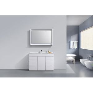 KUBEBATH Milano KFM48S-GW 48" Single Bathroom Vanity in High Gloss White with White Acrylic Composite, Integrated Sink, Rendered Front View