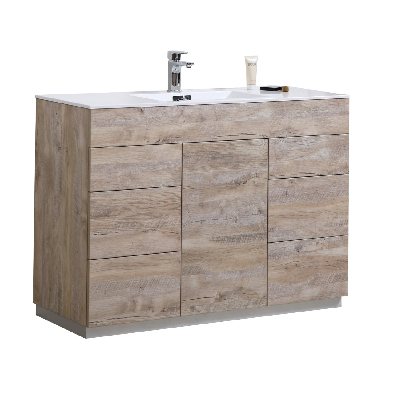 KUBEBATH Milano KFM48S-NW 48" Single Bathroom Vanity in Nature Wood with White Acrylic Composite, Integrated Sink, Angled View