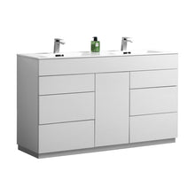 Load image into Gallery viewer, KUBEBATH Milano KFM60D-GW 60&quot; Double Bathroom Vanity in High Gloss White with White Acrylic Composite, Integrated Sinks, Angled View
