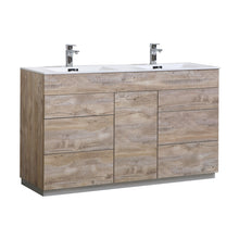 Load image into Gallery viewer, KUBEBATH Milano KFM60D-NW 60&quot; Double Bathroom Vanity in Nature Wood with White Acrylic Composite, Integrated Sinks, Angled View