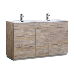 KUBEBATH Milano KFM60D-NW 60" Double Bathroom Vanity in Nature Wood with White Acrylic Composite, Integrated Sinks, Angled View