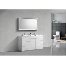 Load image into Gallery viewer, KUBEBATH Milano KFM60D-GW 60&quot; Double Bathroom Vanity in High Gloss White with White Acrylic Composite, Integrated Sinks, Rendered Angled View