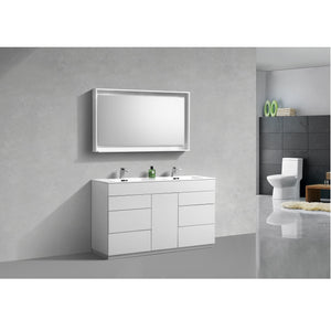 KUBEBATH Milano KFM60D-GW 60" Double Bathroom Vanity in High Gloss White with White Acrylic Composite, Integrated Sinks, Rendered Angled View