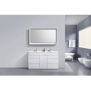 KUBEBATH Milano KFM60D-GW 60" Double Bathroom Vanity in High Gloss White with White Acrylic Composite, Integrated Sinks, Rendered Front View