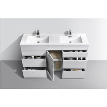 Load image into Gallery viewer, KUBEBATH Milano KFM60D-GW 60&quot; Double Bathroom Vanity in High Gloss White with White Acrylic Composite, Integrated Sinks, Open Door and Drawers