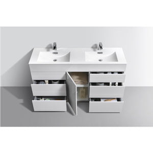 KUBEBATH Milano KFM60D-GW 60" Double Bathroom Vanity in High Gloss White with White Acrylic Composite, Integrated Sinks, Open Door and Drawers