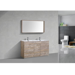 KUBEBATH Milano KFM60D-NW 60" Double Bathroom Vanity in Nature Wood with White Acrylic Composite, Integrated Sinks, Rendered Angled View