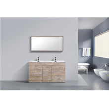 Load image into Gallery viewer, KUBEBATH Milano KFM60D-NW 60&quot; Double Bathroom Vanity in Nature Wood with White Acrylic Composite, Integrated Sinks, Rendered Front View