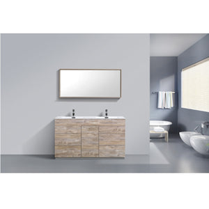 KUBEBATH Milano KFM60D-NW 60" Double Bathroom Vanity in Nature Wood with White Acrylic Composite, Integrated Sinks, Rendered Front View