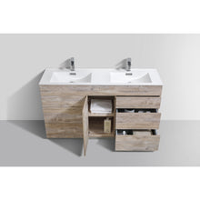 Load image into Gallery viewer, KUBEBATH Milano KFM60D-NW 60&quot; Double Bathroom Vanity in Nature Wood with White Acrylic Composite, Integrated Sinks, Open Door and Drawers