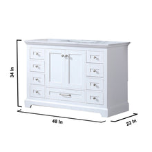 Load image into Gallery viewer, Lexora Dukes LD342248SADS000 48&quot; Single Bathroom Vanity in White with White Carrara Marble, White Rectangle Sink, Dimensions