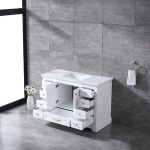 Lexora Dukes LD342248SADS000 48" Single Bathroom Vanity in White with White Carrara Marble, White Rectangle Sink, Rendered Angled Open Doors and Drawers