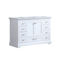 Load image into Gallery viewer, Lexora Dukes LD342248SADS000 48&quot; Single Bathroom Vanity in White with White Carrara Marble, White Rectangle Sink, Angled View