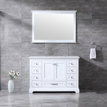 Load image into Gallery viewer, Lexora Dukes LD342248SADS000 48&quot; Single Bathroom Vanity in White with White Carrara Marble, White Rectangle Sink, Rendered with Mirror