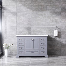 Load image into Gallery viewer, Lexora Dukes LD342248SBDS000 48&quot; Single Bathroom Vanity in Dark Grey with White Carrara Marble, White Rectangle Sink, Rendered Front View