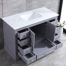 Load image into Gallery viewer, Lexora Dukes LD342248SBDS000 48&quot; Single Bathroom Vanity in Dark Grey with White Carrara Marble, White Rectangle Sink, Rendered Open Doors and Drawers