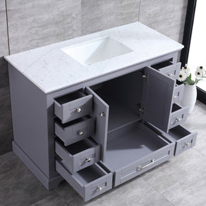 Lexora Dukes LD342248SBDS000 48" Single Bathroom Vanity in Dark Grey with White Carrara Marble, White Rectangle Sink, Rendered Open Doors and Drawers
