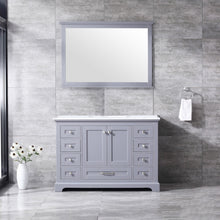 Load image into Gallery viewer, Lexora Dukes LD342248SBDS000 48&quot; Single Bathroom Vanity in Dark Grey with White Carrara Marble, White Rectangle Sink, Rendered with Mirror