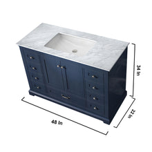 Load image into Gallery viewer, Lexora Dukes LD342248SEDS000 48&quot; Single Bathroom Vanity in Navy Blue with White Carrara Marble, White Rectangle Sink, Dimensions
