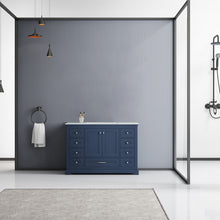 Load image into Gallery viewer, Lexora Dukes LD342248SEDS000 48&quot; Single Bathroom Vanity in Navy Blue with White Carrara Marble, White Rectangle Sink, Rendered Front View