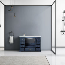 Load image into Gallery viewer, Lexora Dukes LD342248SEDS000 48&quot; Single Bathroom Vanity in Navy Blue with White Carrara Marble, White Rectangle Sink, Rendered Open Doors