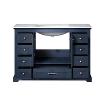 Load image into Gallery viewer, Lexora Dukes LD342248SEDS000 48&quot; Single Bathroom Vanity in Navy Blue with White Carrara Marble, White Rectangle Sink, Open Doors and Drawers