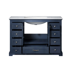 Lexora Dukes LD342248SEDS000 48" Single Bathroom Vanity in Navy Blue with White Carrara Marble, White Rectangle Sink, Open Doors and Drawers