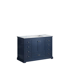 Load image into Gallery viewer, Lexora Dukes LD342248SEDS000 48&quot; Single Bathroom Vanity in Navy Blue with White Carrara Marble, White Rectangle Sink, Angled View