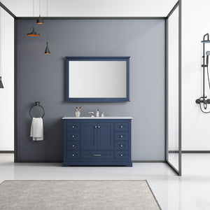 Lexora Dukes LD342248SEDS000 48" Single Bathroom Vanity in Navy Blue with White Carrara Marble, White Rectangle Sink, Rendered with Mirror and Faucet