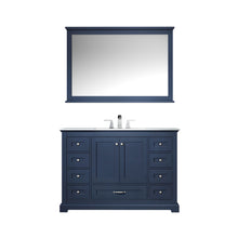 Load image into Gallery viewer, Lexora Dukes LD342248SEDS000 48&quot; Single Bathroom Vanity in Navy Blue with White Carrara Marble, White Rectangle Sink, with Mirror and Faucet