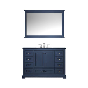 Lexora Dukes LD342248SEDS000 48" Single Bathroom Vanity in Navy Blue with White Carrara Marble, White Rectangle Sink, with Mirror and Faucet