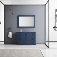 Load image into Gallery viewer, Lexora Dukes LD342248SEDS000 48&quot; Single Bathroom Vanity in Navy Blue with White Carrara Marble, White Rectangle Sink, Rendered with Mirror