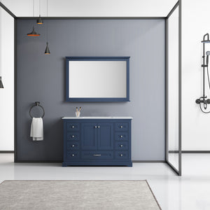Lexora Dukes LD342248SEDS000 48" Single Bathroom Vanity in Navy Blue with White Carrara Marble, White Rectangle Sink, Rendered with Mirror
