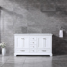 Load image into Gallery viewer, Lexora Dukes LD342260DADS000 60&quot; Double Bathroom Vanity in White with White Carrara Marble, White Rectangle Sinks, Rendered Front View