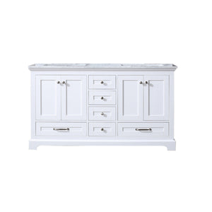 Lexora Dukes LD342260DADS000 60" Double Bathroom Vanity in White with White Carrara Marble, White Rectangle Sinks, Front View