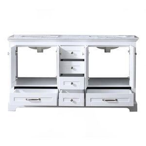Lexora Dukes LD342260DADS000 60" Double Bathroom Vanity in White with White Carrara Marble, White Rectangle Sinks, Open Doors and Drawers