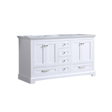 Load image into Gallery viewer, Lexora Dukes LD342260DADS000 60&quot; Double Bathroom Vanity in White with White Carrara Marble, White Rectangle Sinks, Angled View