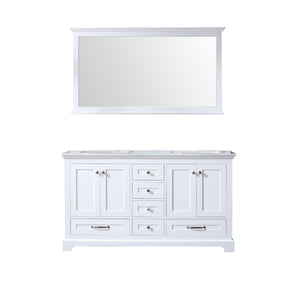 Lexora Dukes LD342260DADS000 60" Double Bathroom Vanity in White with White Carrara Marble, White Rectangle Sinks, with Mirror