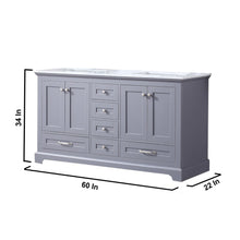 Load image into Gallery viewer, Lexora Dukes LD342260DBDS000 60&quot; Double Bathroom Vanity in Dark Grey with White Carrara Marble, White Rectangle Sinks, Dimensions