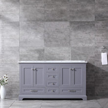Load image into Gallery viewer, Lexora Dukes LD342260DBDS000 60&quot; Double Bathroom Vanity in Dark Grey with White Carrara Marble, White Rectangle Sinks, Rendered Front View