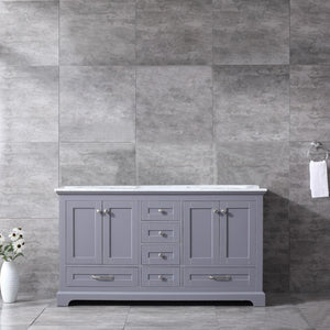 Lexora Dukes LD342260DBDS000 60" Double Bathroom Vanity in Dark Grey with White Carrara Marble, White Rectangle Sinks, Rendered Front View