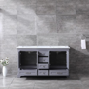 Lexora Dukes LD342260DBDS000 60" Double Bathroom Vanity in Dark Grey with White Carrara Marble, White Rectangle Sinks, Rendered Open Doors