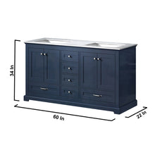 Load image into Gallery viewer, Lexora Dukes LD342260DEDS000 60&quot; Double Bathroom Vanity in Navy Blue with White Carrara Marble, White Rectangle Sinks, Dimensions