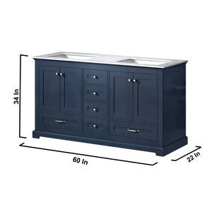Lexora Dukes LD342260DEDS000 60" Double Bathroom Vanity in Navy Blue with White Carrara Marble, White Rectangle Sinks, Dimensions